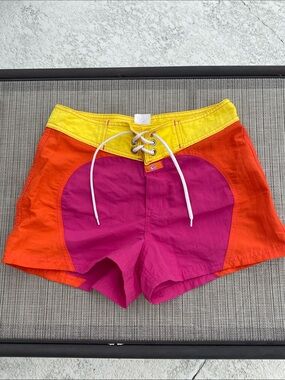 Y2K Lost Colorblock Heart Panel Women's Shorts - Pink, Orange & Yellow